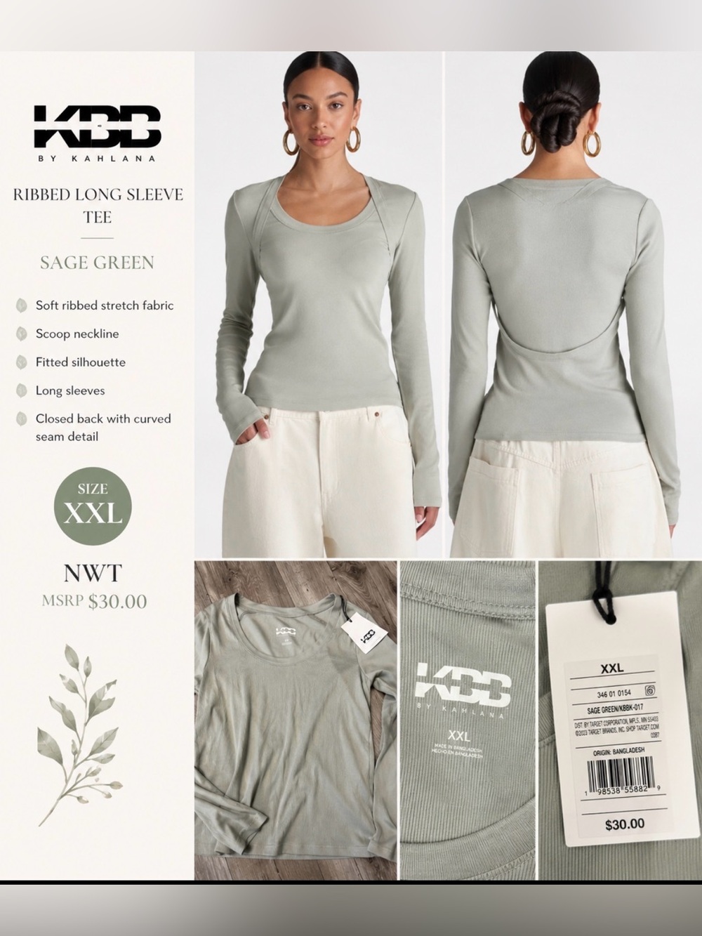 KBB by Kahlana Sage Green Ribbed Long Sleeve Layering Top XXL NWT